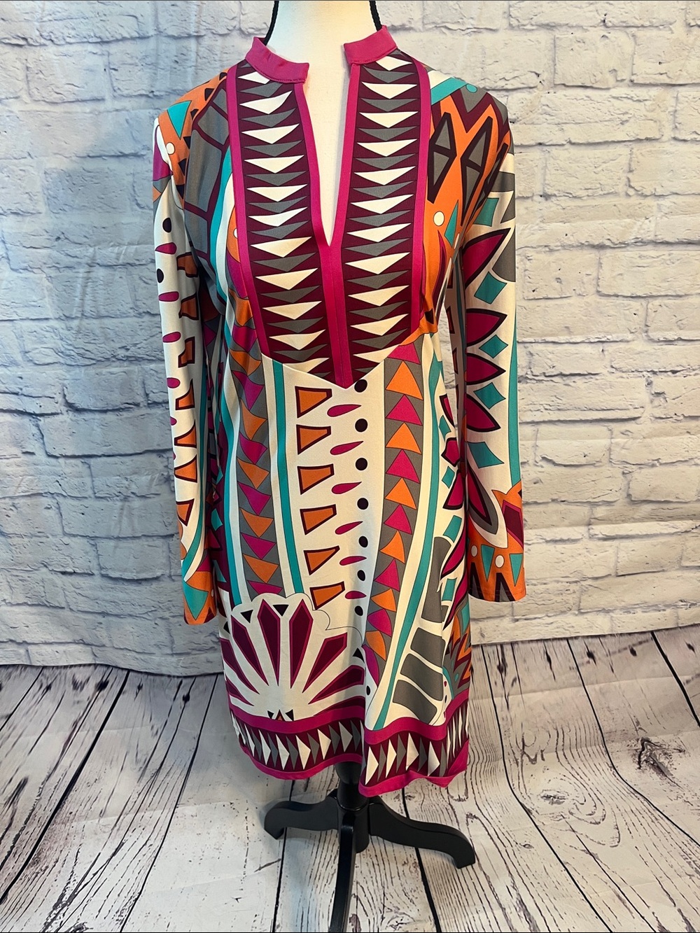 Tracy Negoshian Tunic or Dress Geometric Long Sleeve Split Neck Size XS Bold